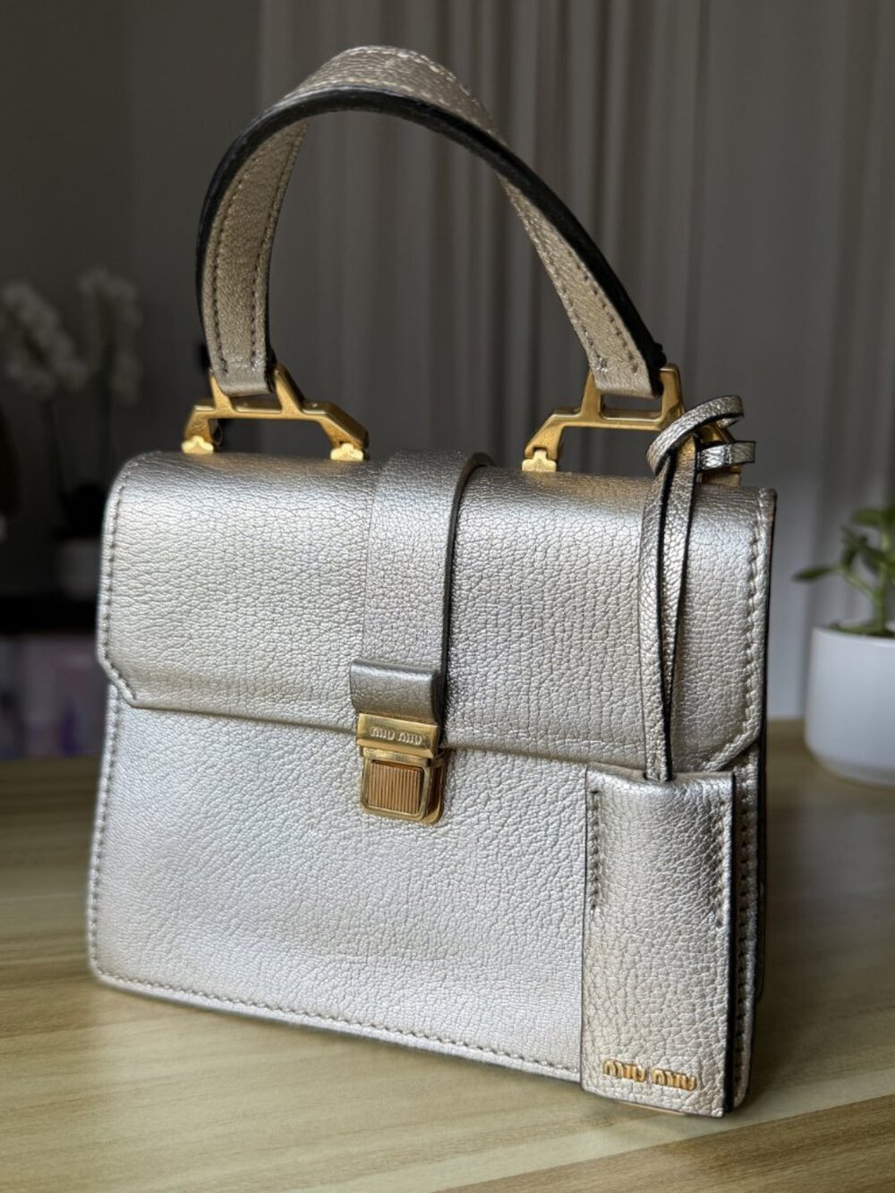 Miu Miu 2016 Madras Leather Top Handbag in Pirite Gold  + Authenticity Card